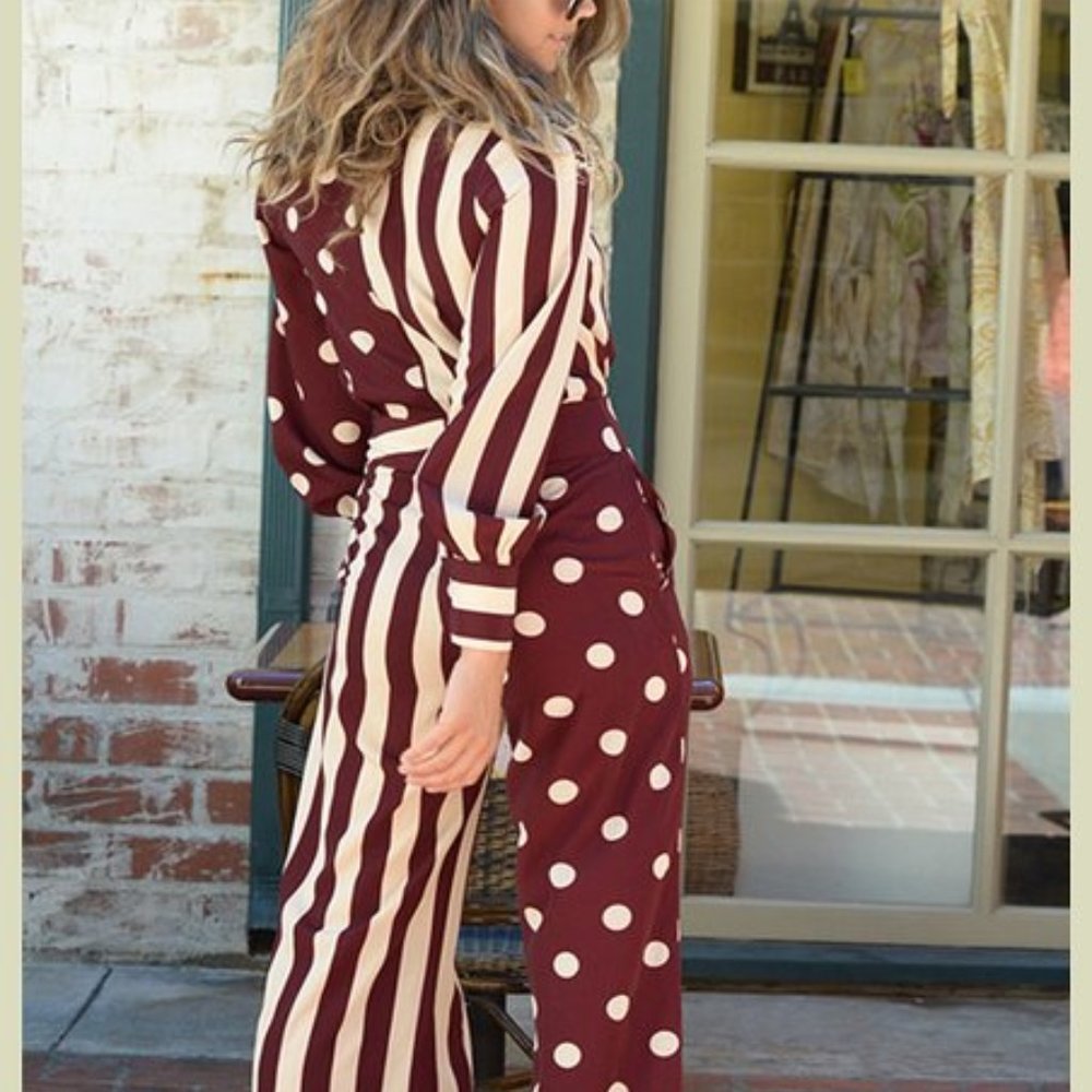 Burgandy and Cream wide leg jumpsuit